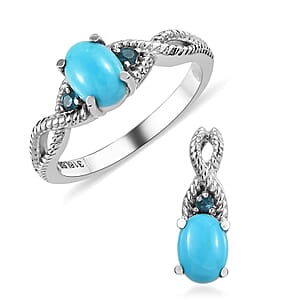 Premium Sleeping Beauty Turquoise and Malgache Neon Apatite Ring (Size 9.00) and Pendant in Stainless Steel 1.50 ctw
