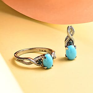 Premium Sleeping Beauty Turquoise and Malgache Neon Apatite Ring (Size 9.00) and Pendant in Stainless Steel 1.50 ctw