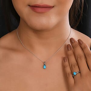 Premium Sleeping Beauty Turquoise and Malgache Neon Apatite Ring (Size 9.00) and Pendant in Stainless Steel 1.50 ctw