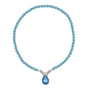 Blue Glass, Austrian Crystal and Sleeping Beauty Color Shell Pearl Pendant Necklace 20 Inches in Silvertone 277.03 ctw