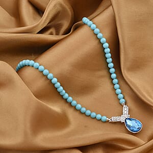 Blue Glass, Austrian Crystal and Sleeping Beauty Color Shell Pearl Pendant Necklace 20 Inches in Silvertone 277.03 ctw