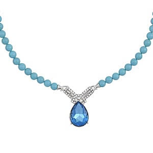 Blue Glass, Austrian Crystal and Sleeping Beauty Color Shell Pearl Pendant Necklace 20 Inches in Silvertone 277.03 ctw