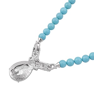 Blue Glass, Austrian Crystal and Sleeping Beauty Color Shell Pearl Pendant Necklace 20 Inches in Silvertone 277.03 ctw