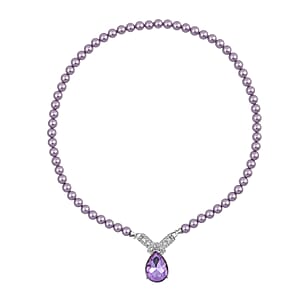 Purple Glass, Austrian Crystal and Purple Shell Pearl Pendant Necklace 20 Inches in Silvertone
