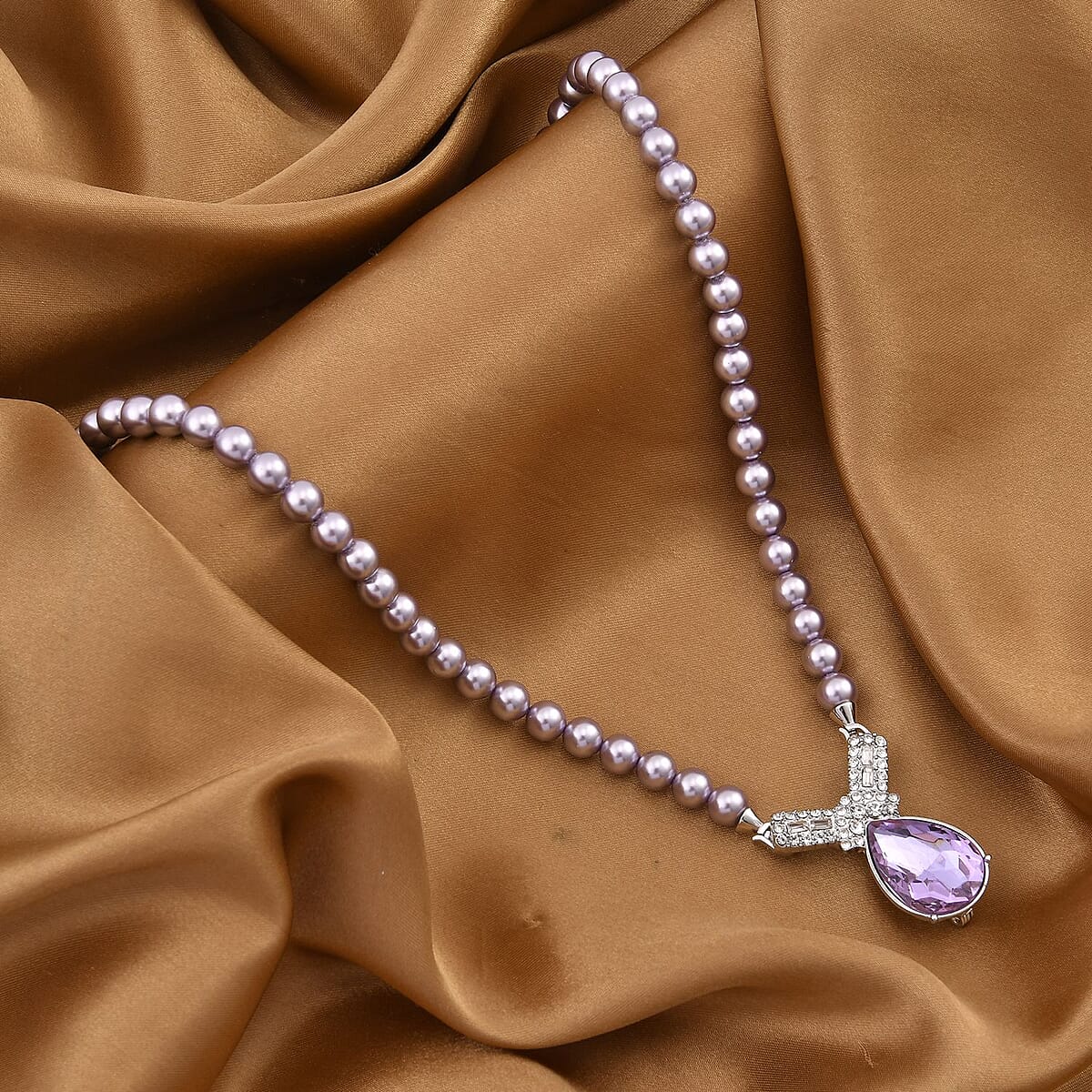 Purple Glass, Austrian Crystal and Purple Shell Pearl Pendant Necklace 20 Inches in Silvertone image number 1