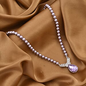Purple Glass, Austrian Crystal and Purple Shell Pearl Pendant Necklace 20 Inches in Silvertone