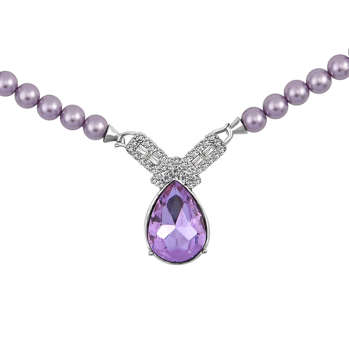 Purple Glass, Austrian Crystal and Purple Shell Pearl Pendant Necklace 20 Inches in Silvertone image number 2