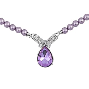 Purple Glass, Austrian Crystal and Purple Shell Pearl Pendant Necklace 20 Inches in Silvertone
