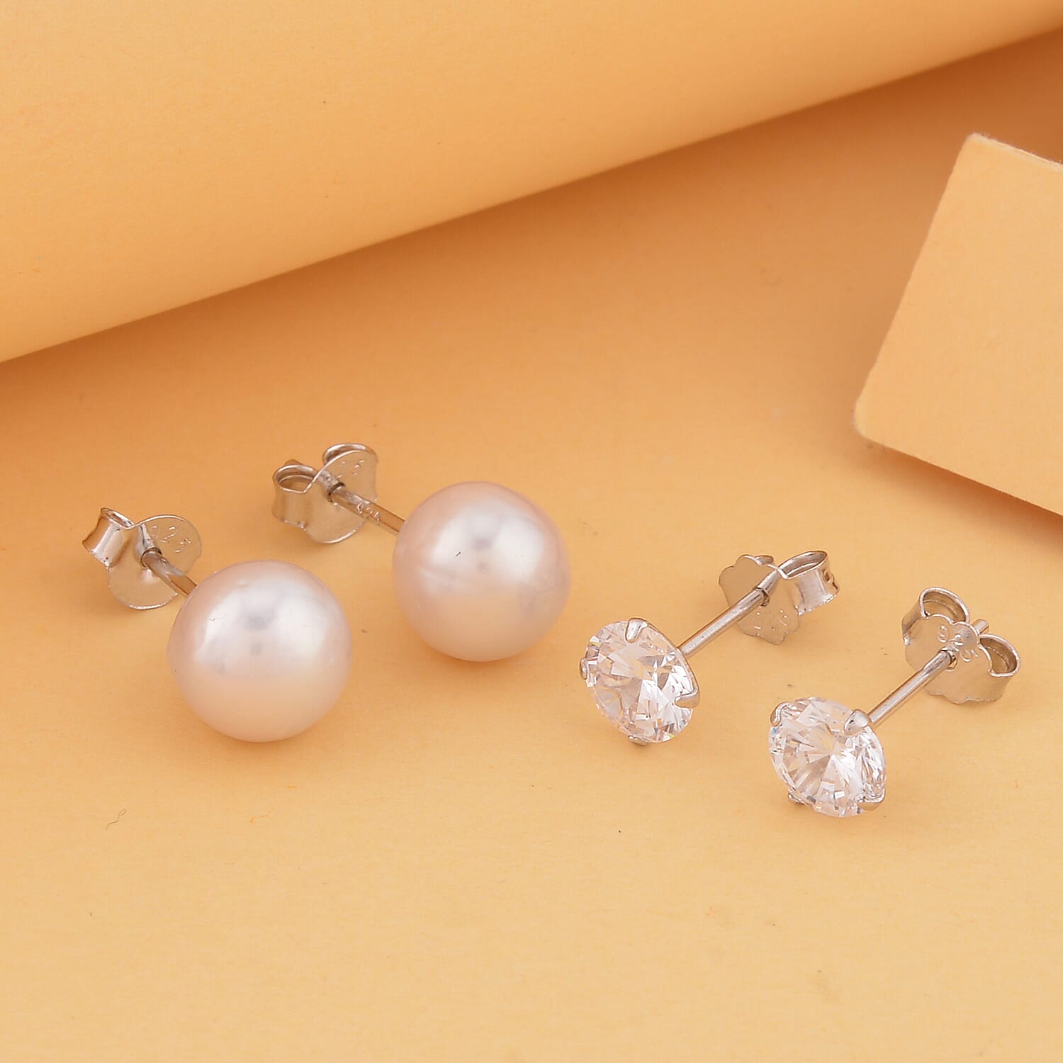 Set of 2 White Anhui Freshwater Cultured Pearl and Simulated Diamond Solitaire Stud Earrings in Rhodium Over Sterling Silver 1.50 ctw