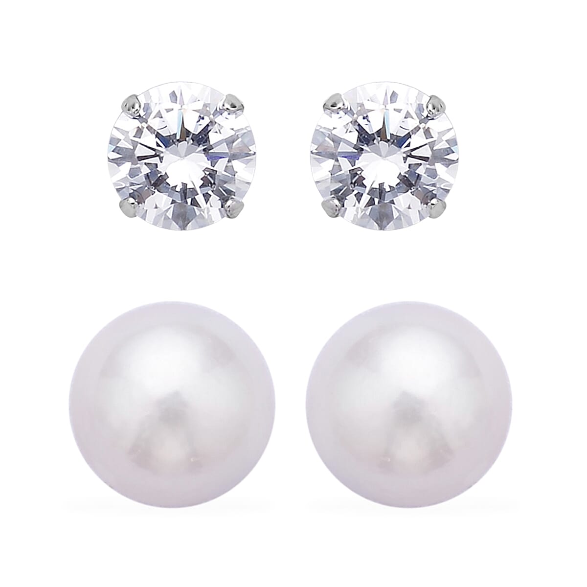 Set of 2 White Anhui Freshwater Cultured Pearl and Simulated Diamond Solitaire Stud Earrings in Rhodium Over Sterling Silver 1.50 ctw