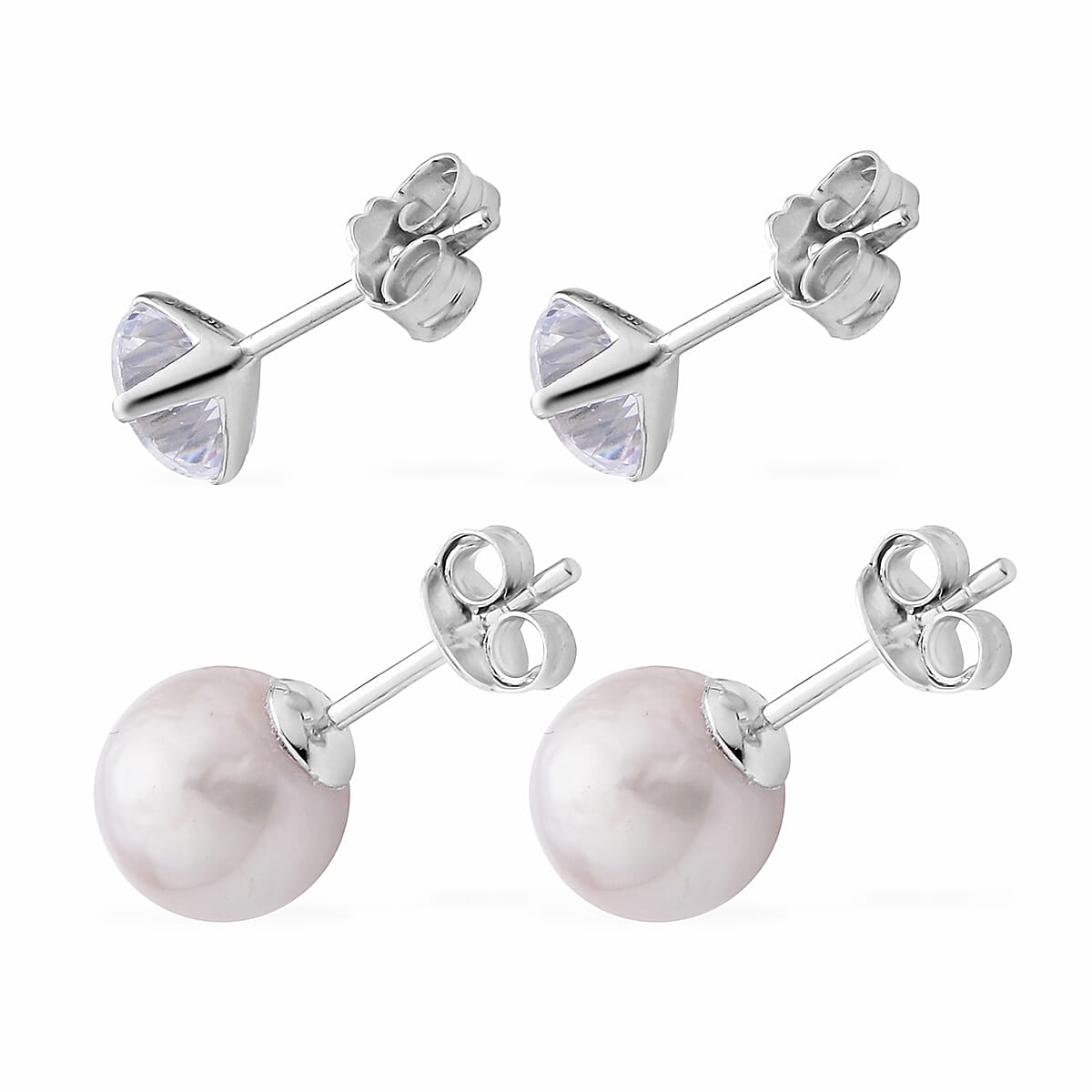 Set of 2 White Anhui Freshwater Cultured Pearl and Simulated Diamond Solitaire Stud Earrings in Rhodium Over Sterling Silver 1.50 ctw