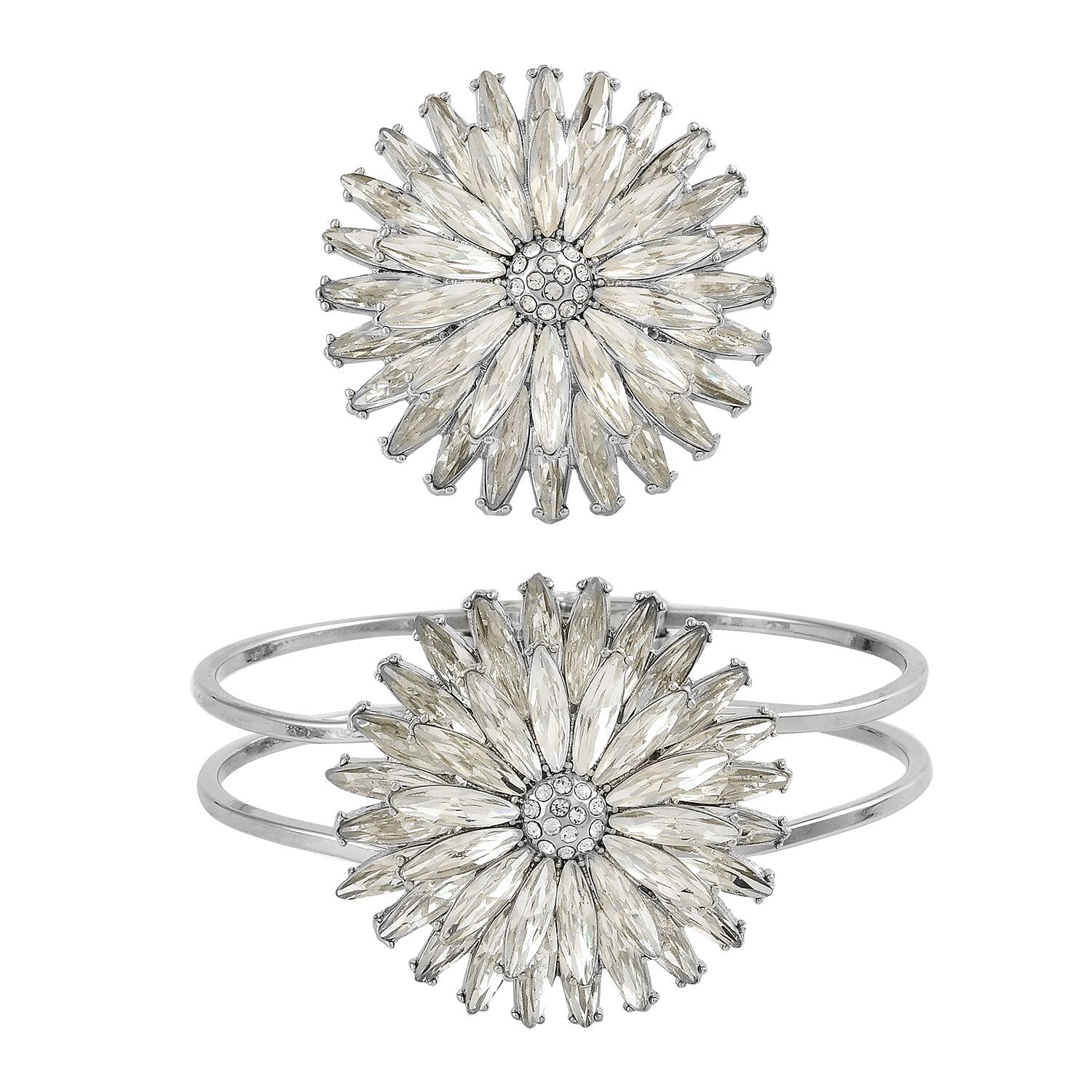 Set of 2 White Austrian Crystal and Glass Daisy Flower Bangle Bracelet (7.00 In) and Adjustable Ring (Size 7.00-9.00) in Silvertone