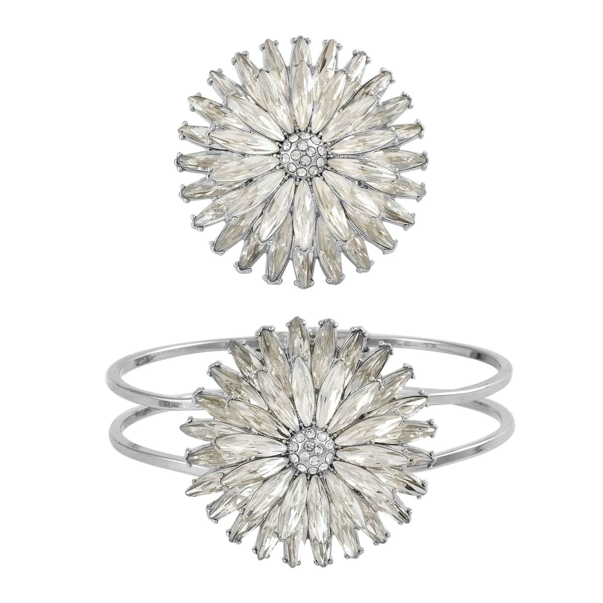 Set of 2 White Austrian Crystal and Glass Daisy Flower Bangle Bracelet (7.00 In) and Adjustable Ring (Size 7.00-9.00) in Silvertone image number 0