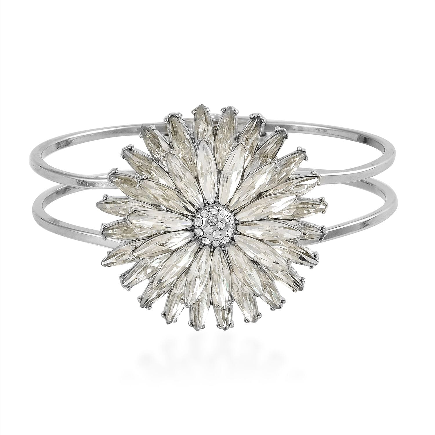 Set of 2 White Austrian Crystal and Glass Daisy Flower Bangle Bracelet (7.00 In) and Adjustable Ring (Size 7.00-9.00) in Silvertone