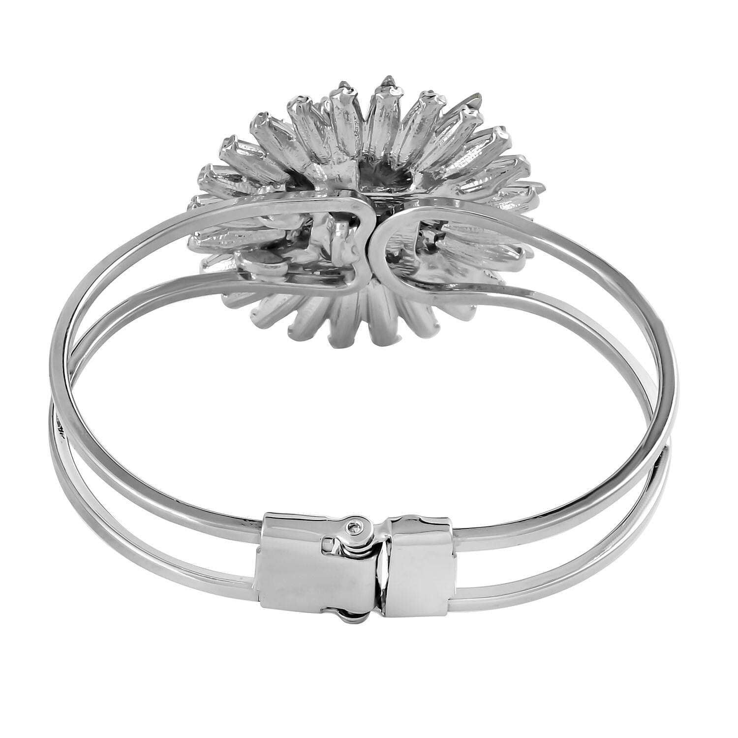 Set of 2 White Austrian Crystal and Glass Daisy Flower Bangle Bracelet (7.00 In) and Adjustable Ring (Size 7.00-9.00) in Silvertone