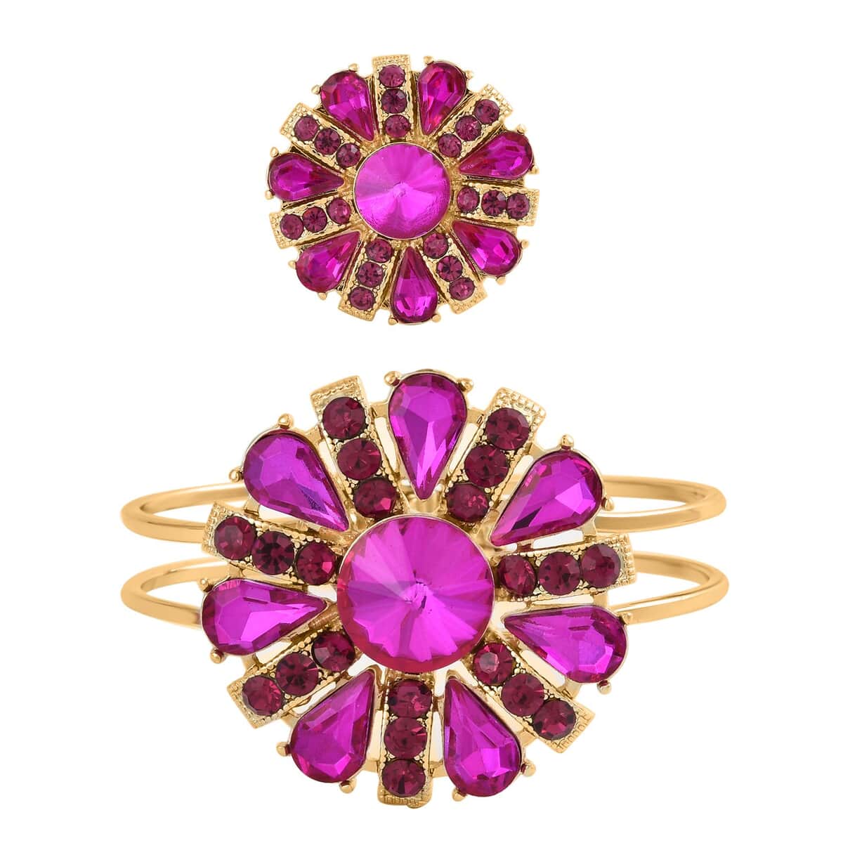 Set of 2 Fuchsia Austrian Crystal and Glass Flower Bangle Bracelet (7.00 In) and Adjustable Ring (Size 7.00-9.00) in Goldtone image number 0