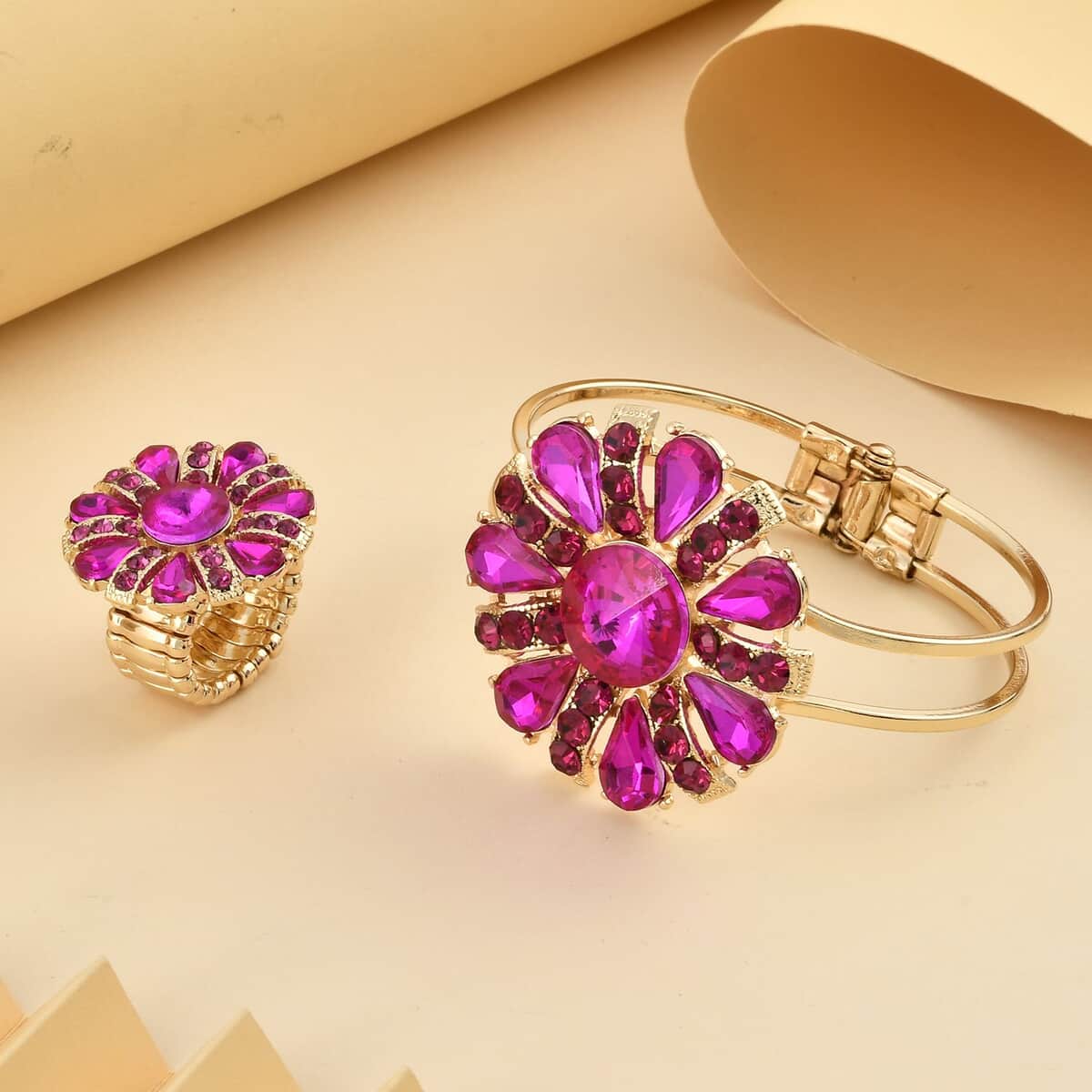 Set of 2 Fuchsia Austrian Crystal and Glass Flower Bangle Bracelet (7.00 In) and Adjustable Ring (Size 7.00-9.00) in Goldtone image number 1