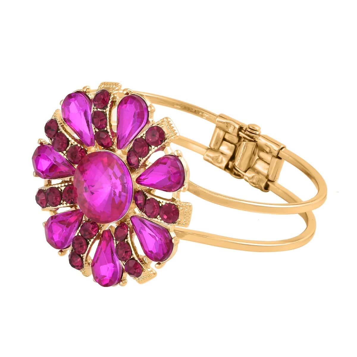 Set of 2 Fuchsia Austrian Crystal and Glass Flower Bangle Bracelet (7.00 In) and Adjustable Ring (Size 7.00-9.00) in Goldtone image number 2