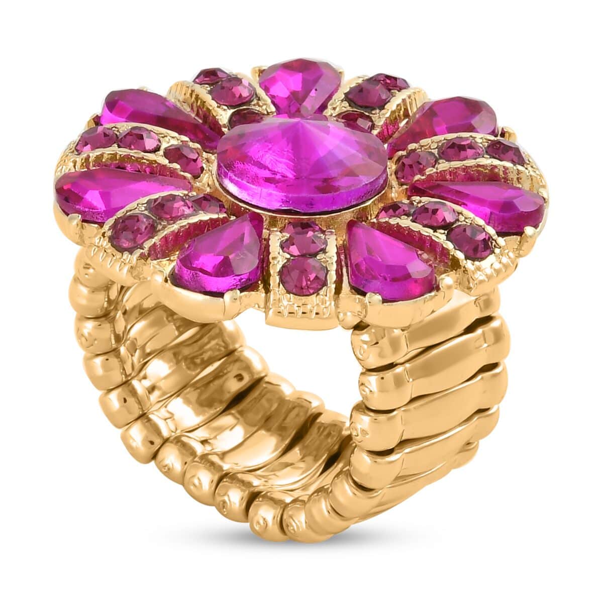 Set of 2 Fuchsia Austrian Crystal and Glass Flower Bangle Bracelet (7.00 In) and Adjustable Ring (Size 7.00-9.00) in Goldtone image number 4