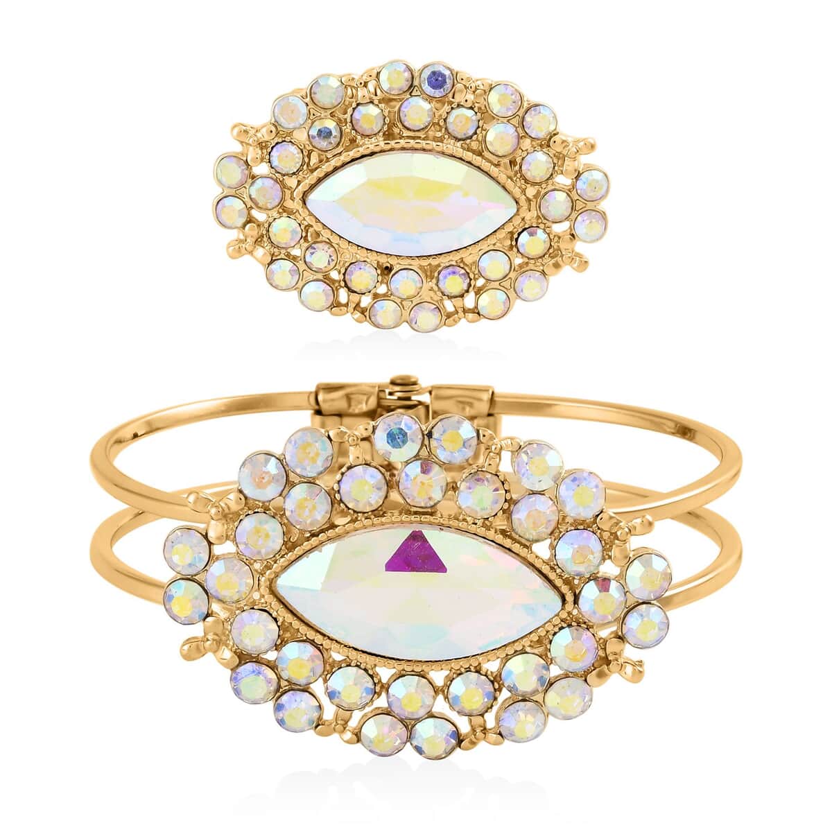 Set of 2 White Mystic Color Austrian Crystal and Glass Evil Eye Bangle Bracelet (7.00 In) and Adjustable Ring (Size 7.00-9.00) in Goldtone image number 0