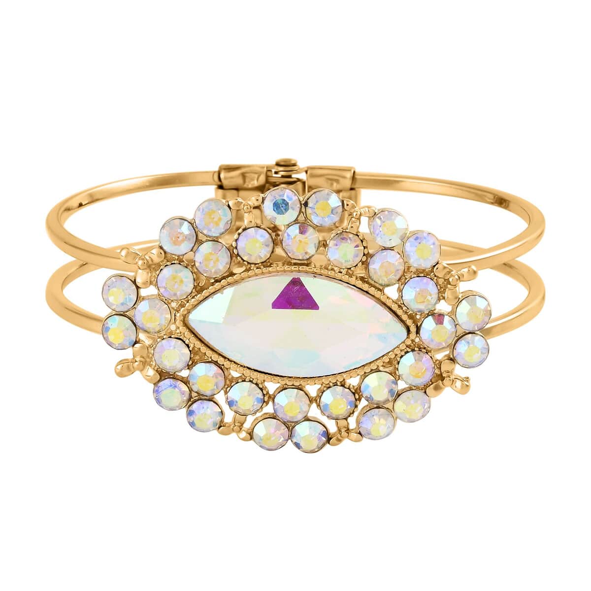Set of 2 White Mystic Color Austrian Crystal and Glass Evil Eye Bangle Bracelet (7.00 In) and Adjustable Ring (Size 7.00-9.00) in Goldtone image number 1