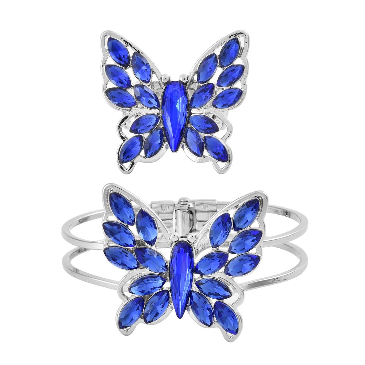 Set of 2 Blue Glass Butterfly Bangle Bracelet (7.00 In) and Adjustable Ring (Size 7.00-9.00) in Silvertone image number 0