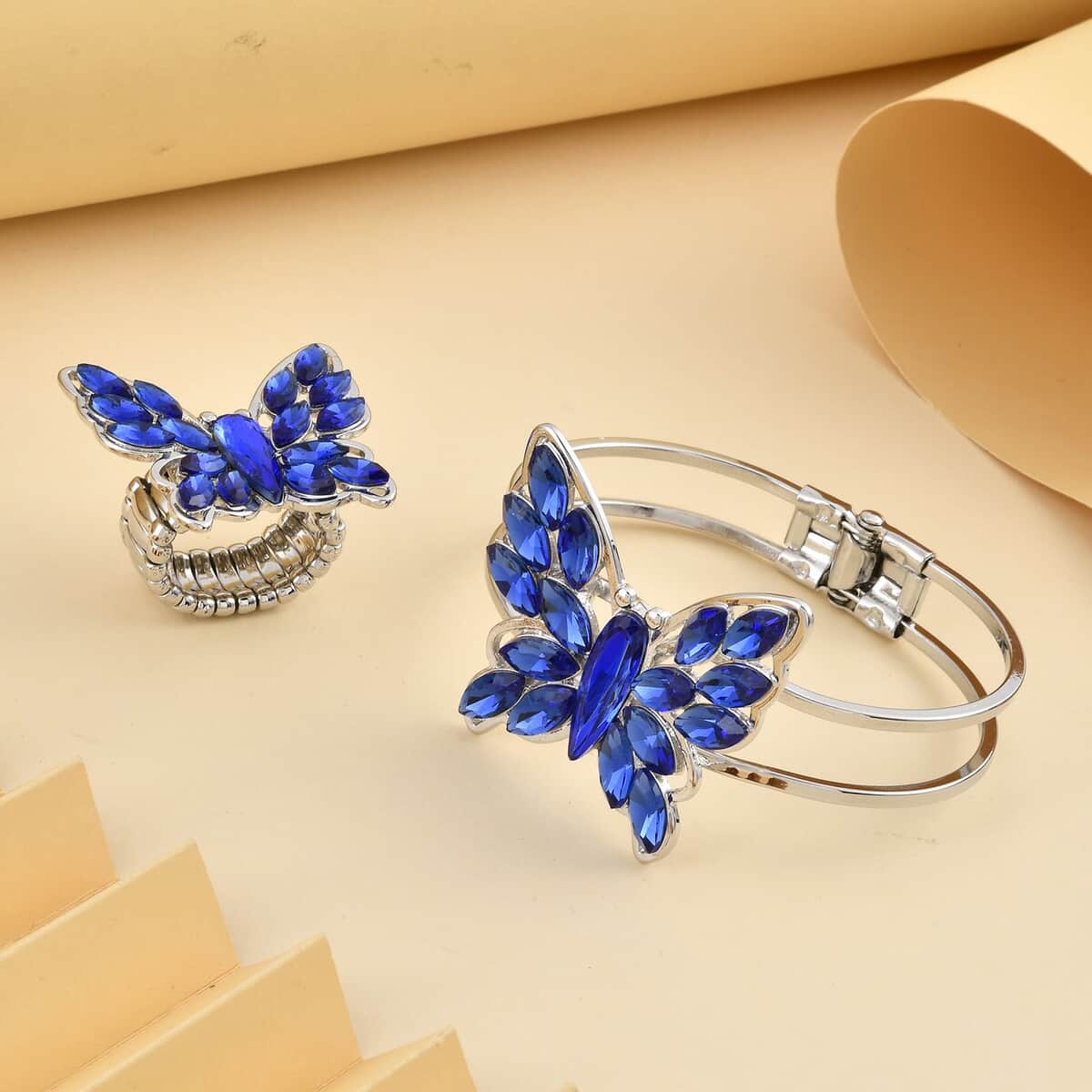 Set of 2 Blue Glass Butterfly Bangle Bracelet (7.00 In) and Adjustable Ring (Size 7.00-9.00) in Silvertone image number 1