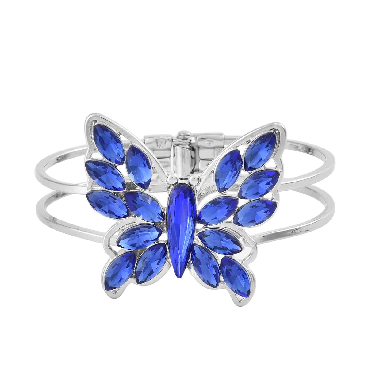 Set of 2 Blue Glass Butterfly Bangle Bracelet (7.00 In) and Adjustable Ring (Size 7.00-9.00) in Silvertone image number 2