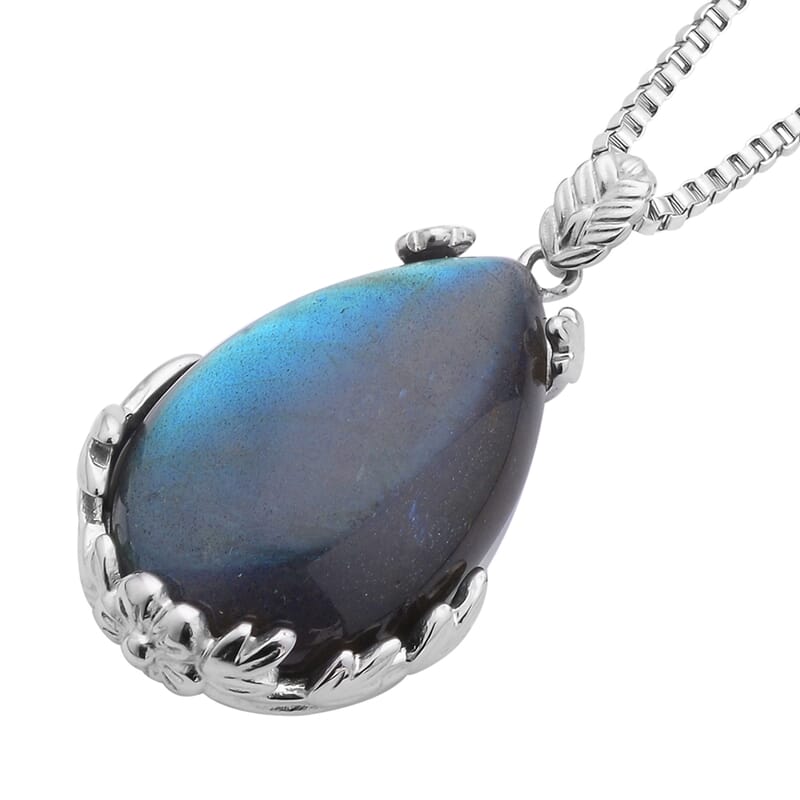 Malagasy Labradorite Pendant Necklace (20 Inches) in Stainless Steel 55.00 ctw | Tarnish-Free, Waterproof, Sweat Proof Jewelry