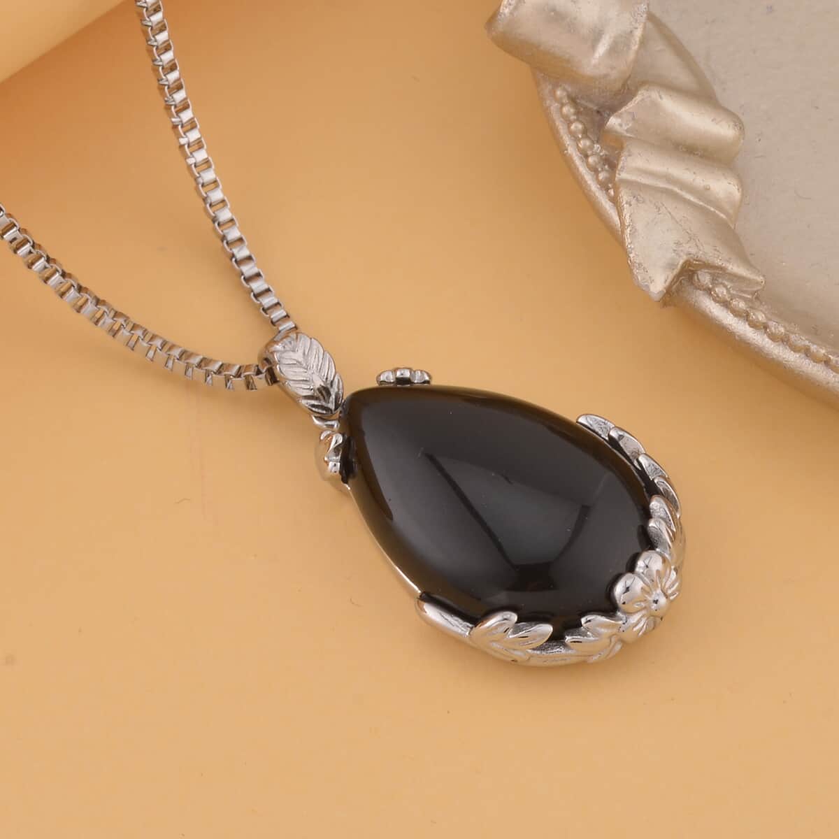 Black Obsidian Pendant Necklace (20 Inches) in Stainless Steel 55.00 ctw , Tarnish-Free, Waterproof, Sweat Proof Jewelry image number 1