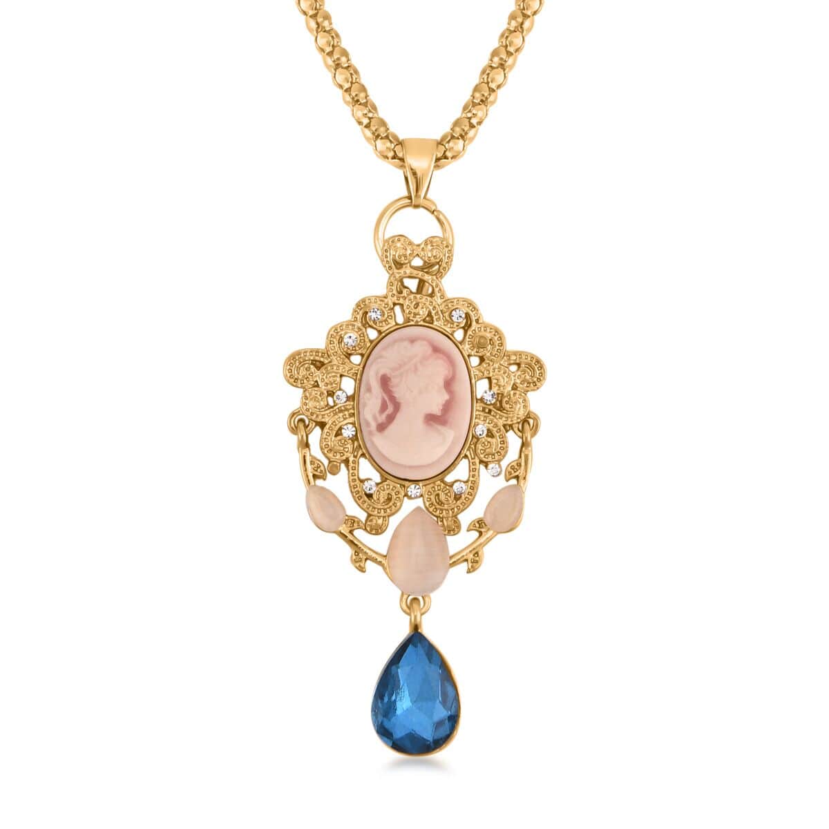 Cameo and Multi Gemstone Victorian Style Pendant Necklace 28-30 Inches in Goldtone image number 0