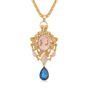 Cameo and Multi Gemstone Victorian Style Pendant Necklace 28-30 Inches in Goldtone