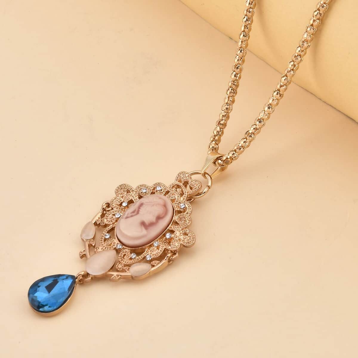 Cameo and Multi Gemstone Victorian Style Pendant Necklace 28-30 Inches in Goldtone image number 1