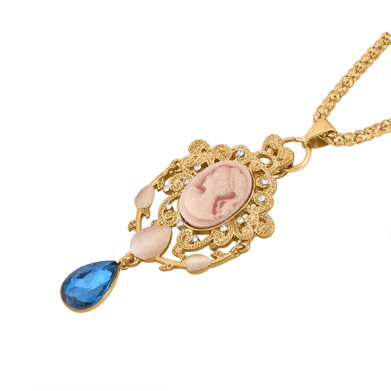 Cameo and Multi Gemstone Victorian Style Pendant Necklace 28-30 Inches in Goldtone