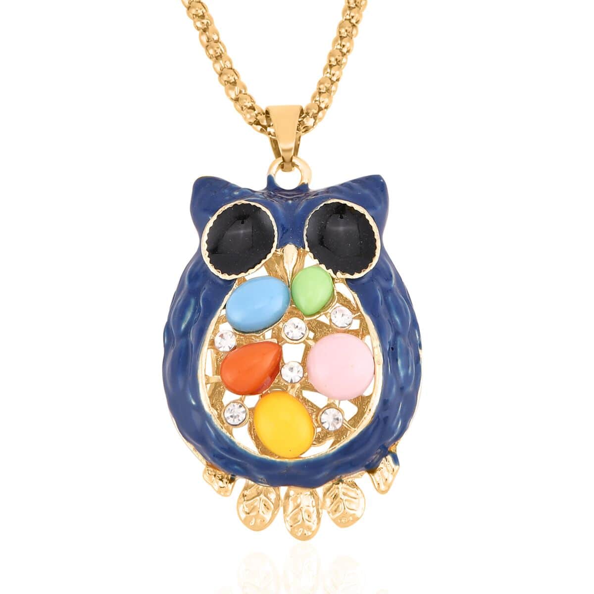 Lab Created Cat's Eye, Black & White Crystal Enameled Owl Pendant Necklace 28-30 Inches in Goldtone image number 0