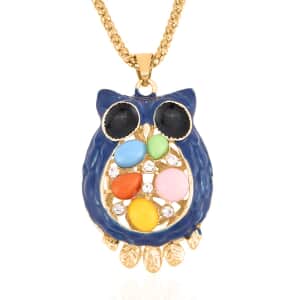Lab Created Cat's Eye, Black & White Crystal Enameled Owl Pendant Necklace 28-30 Inches in Goldtone