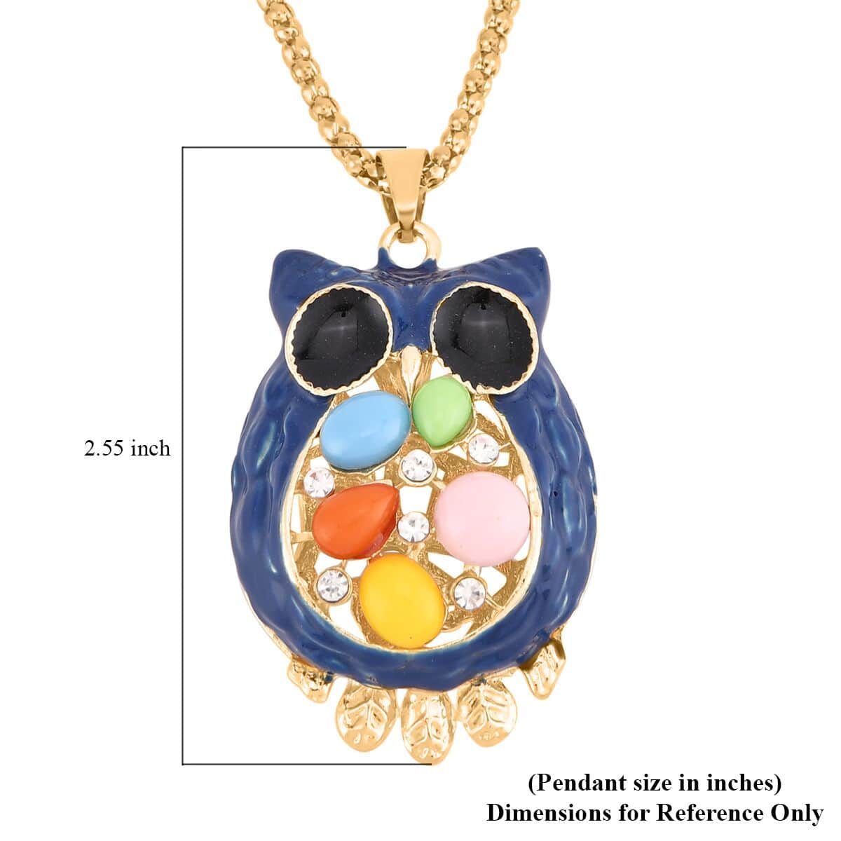 Lab Created Cat's Eye, Black & White Crystal Enameled Owl Pendant Necklace 28-30 Inches in Goldtone image number 3