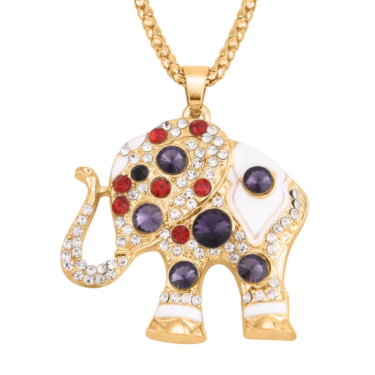 Multi Color Austrian Crystal, Enameled Elephant Pendant Necklace 28-30 Inches in Goldtone image number 0