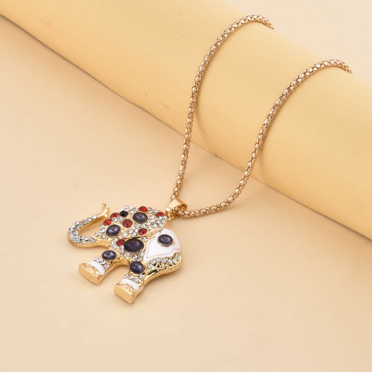 Multi Color Austrian Crystal, Enameled Elephant Pendant Necklace 28-30 Inches in Goldtone image number 1
