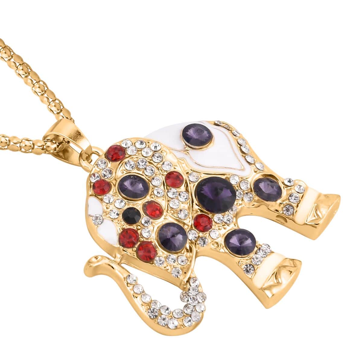 Multi Color Austrian Crystal, Enameled Elephant Pendant Necklace 28-30 Inches in Goldtone image number 2
