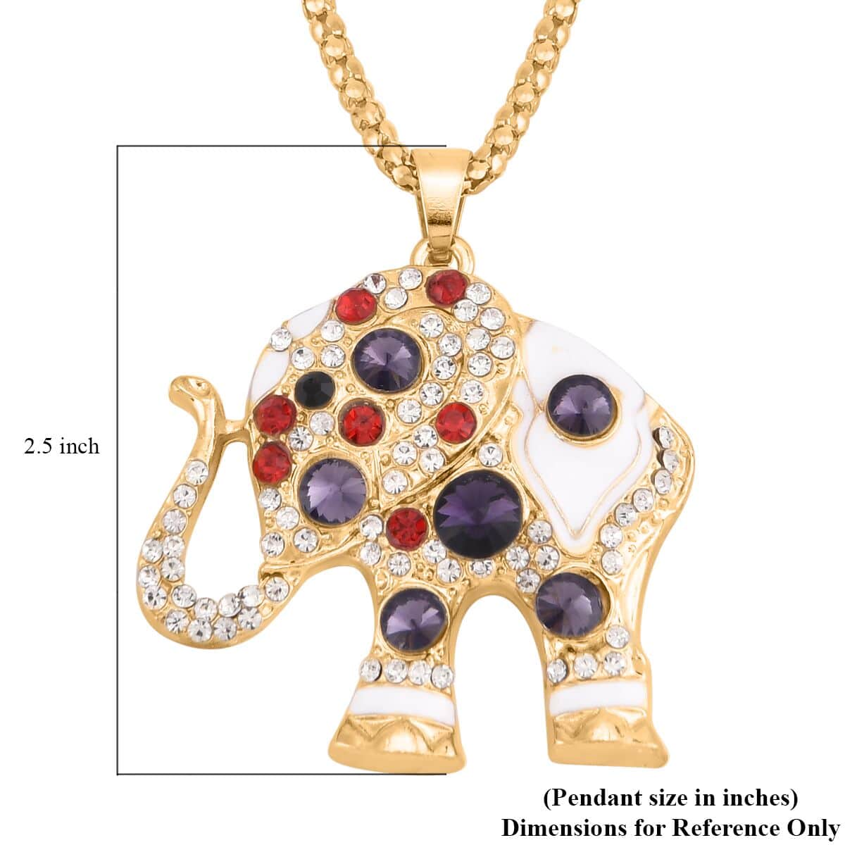 Multi Color Austrian Crystal, Enameled Elephant Pendant Necklace 28-30 Inches in Goldtone image number 5
