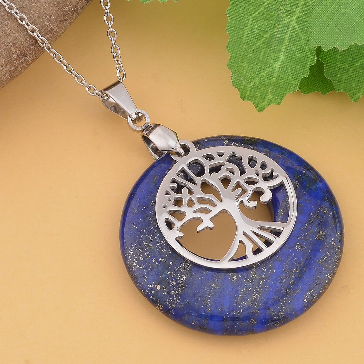 Lapis Lazuli Tree of Life Pendant Necklace 20 Inches in Stainless Steel 40.00 ctw image number 1
