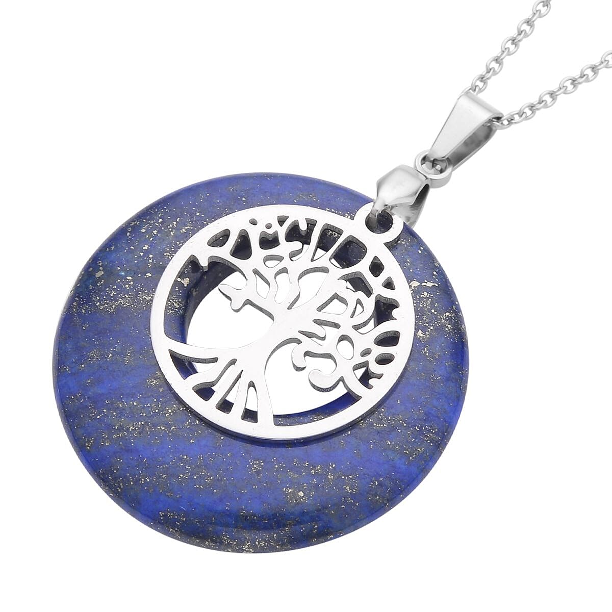 Lapis Lazuli Tree of Life Pendant Necklace 20 Inches in Stainless Steel 40.00 ctw image number 3
