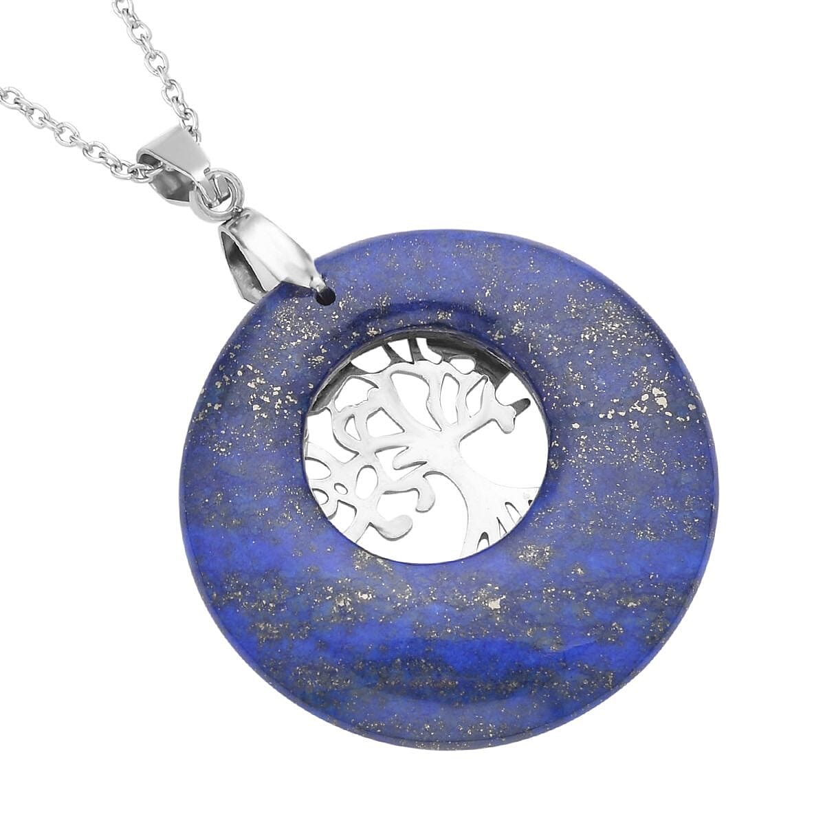 Lapis Lazuli Tree of Life Pendant Necklace 20 Inches in Stainless Steel 40.00 ctw image number 4