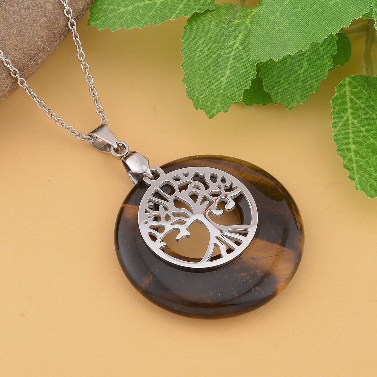 Tiger's Eye Tree of Life Pendant Necklace (20 Inches) in Stainless Steel 40.00 ctw , Tarnish-Free, Waterproof, Sweat Proof Jewelry image number 1