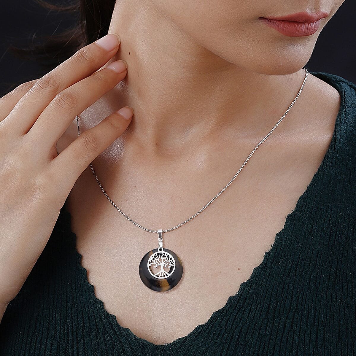 Tiger's Eye Tree of Life Pendant Necklace (20 Inches) in Stainless Steel 40.00 ctw , Tarnish-Free, Waterproof, Sweat Proof Jewelry image number 2