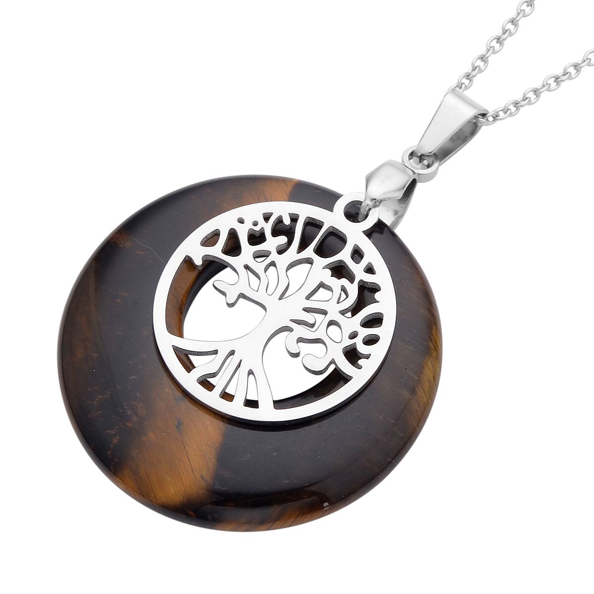 Tiger's Eye Tree of Life Pendant Necklace (20 Inches) in Stainless Steel 40.00 ctw , Tarnish-Free, Waterproof, Sweat Proof Jewelry image number 3