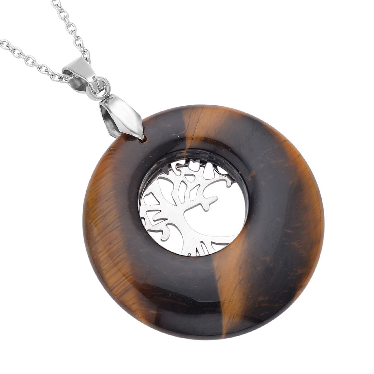 Tiger's Eye Tree of Life Pendant Necklace (20 Inches) in Stainless Steel 40.00 ctw , Tarnish-Free, Waterproof, Sweat Proof Jewelry image number 4