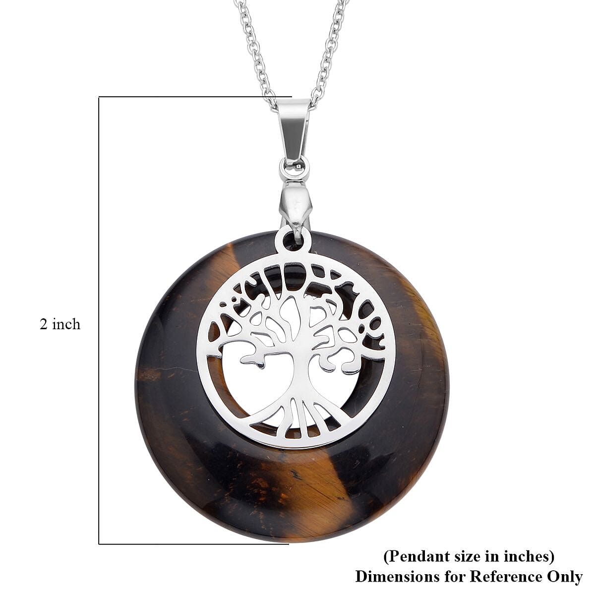 Tiger's Eye Tree of Life Pendant Necklace (20 Inches) in Stainless Steel 40.00 ctw , Tarnish-Free, Waterproof, Sweat Proof Jewelry image number 5