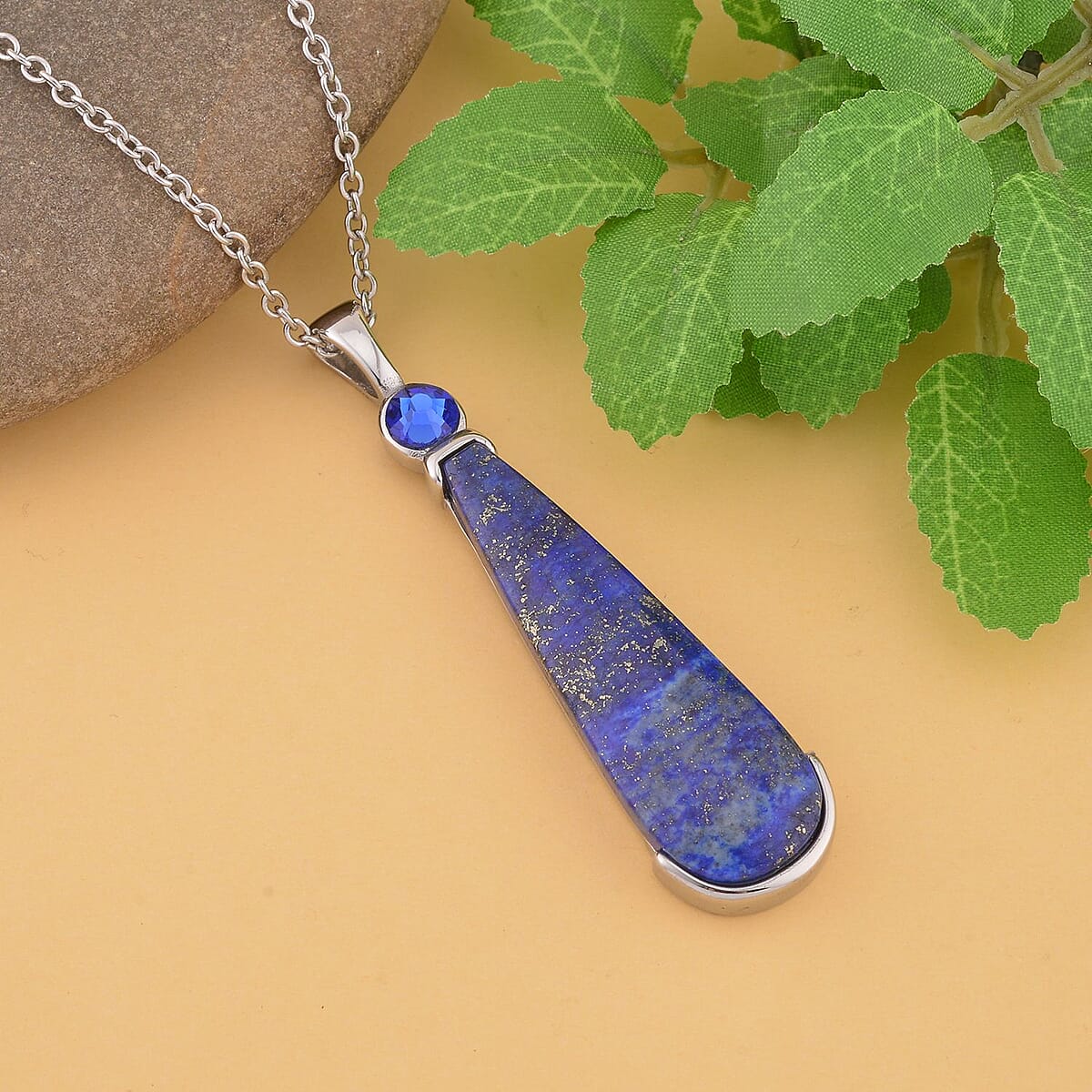 Lapis Lazuli and Blue Austrian Crystal Geographical Shape Pendant Necklace 20 Inches in Stainless Steel 40.00 ctw image number 1